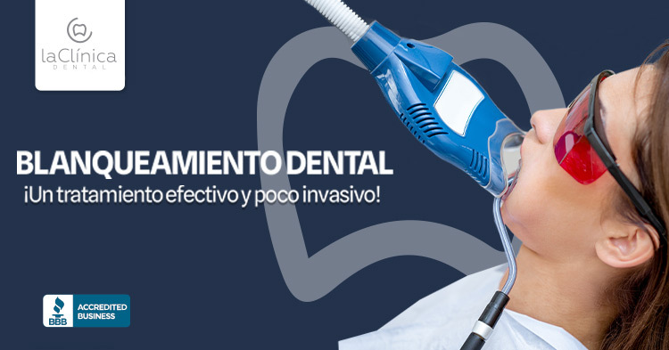 Woman undergoing dental whitening treatment with a blue whitening device, wearing protective glasses, and featuring the text "BLANQUEAMIENTO DENTAL" promoting effective and minimally invasive treatment, aligned with La Clínica Dental's focus on aesthetic dental services.