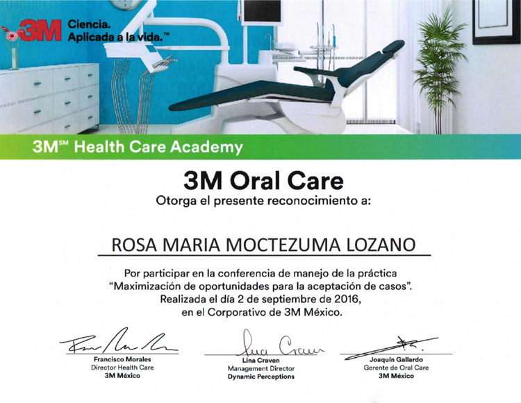 Certificate awarded to Dr. Rosa Maria Moctezuma Lozano by 3M Oral Care for participation in a dental practice conference, featuring a modern dental office background.