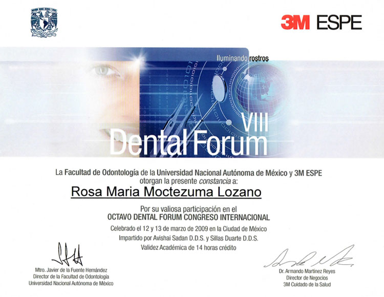 Certificate of participation awarded to Dr. Rosa Maria Moctezuma Lozano for her involvement in the VIII Dental Forum, featuring the Universidad Nacional Autónoma de México logo and 3M ESPE branding.