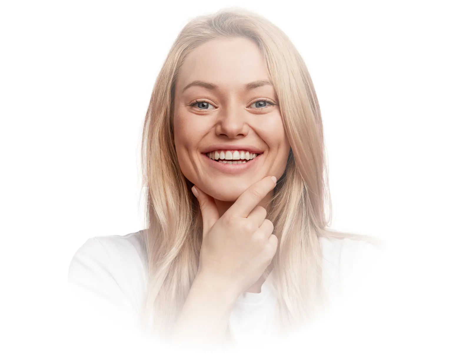 Smiling woman with blonde hair showcasing a bright, healthy smile, emphasizing cosmetic dental enhancement and aesthetic appeal, relevant to dental veneers services.